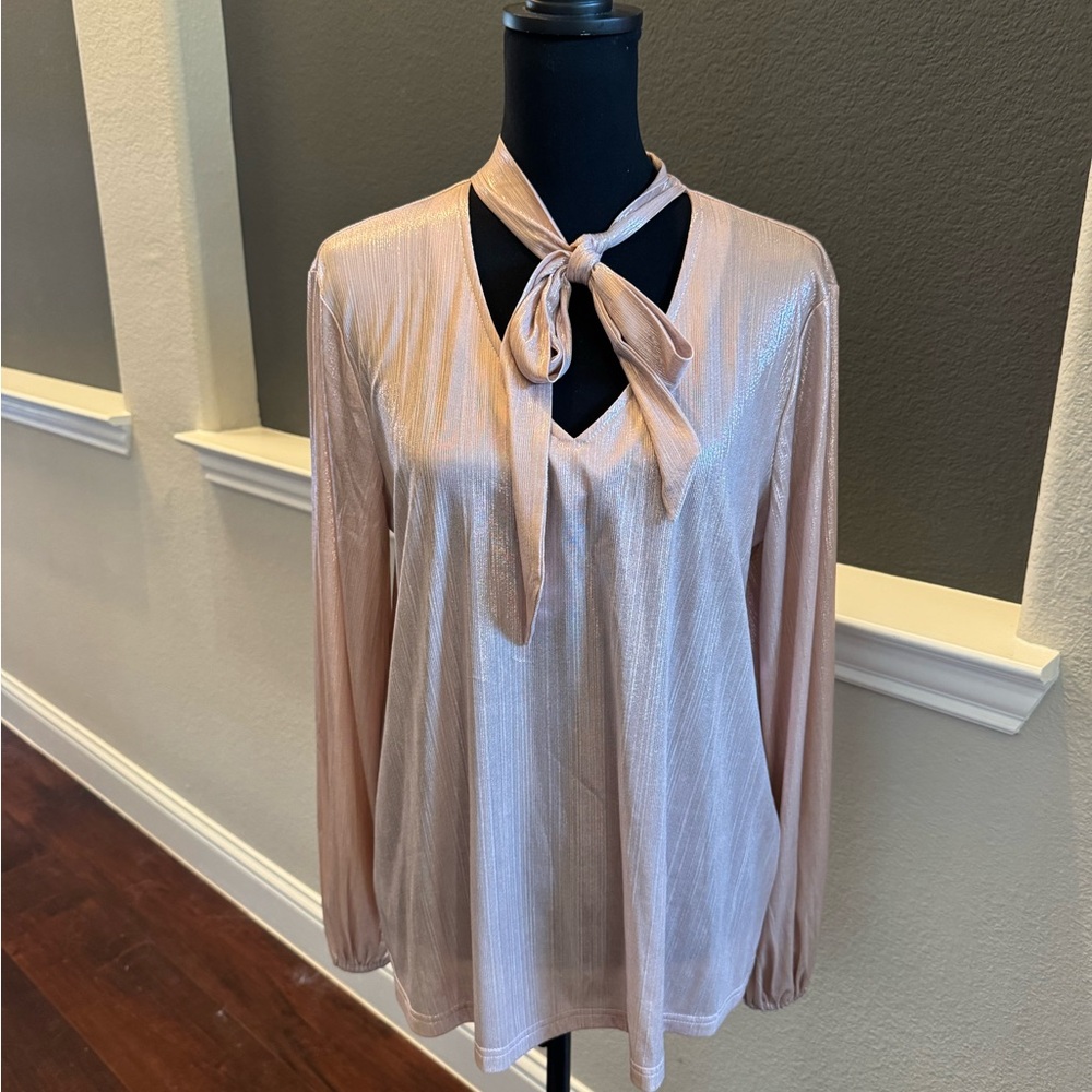 Elegant Metallic Blush Tie-Neck Top